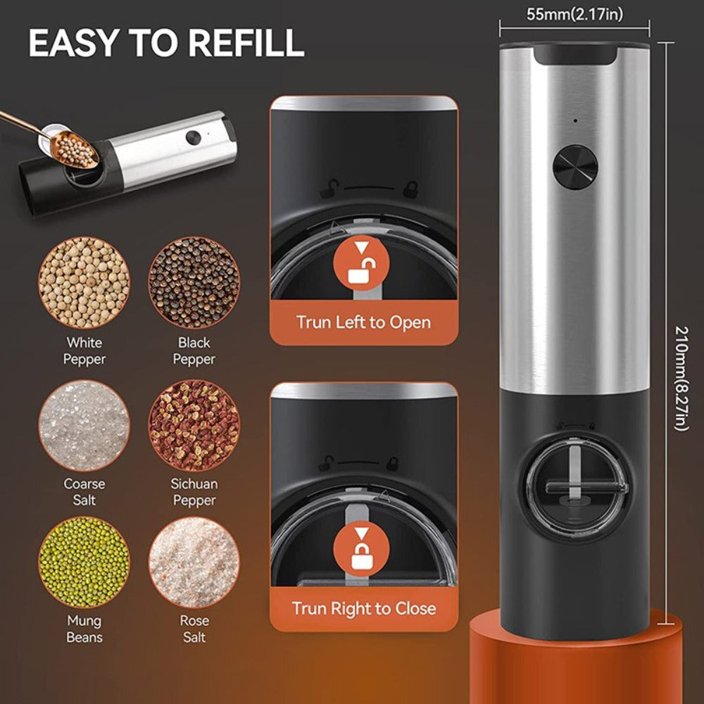 Electric Salt Grinder 2 Bottles Set featuring sleek design and adjustable coarseness for effortless seasoning.