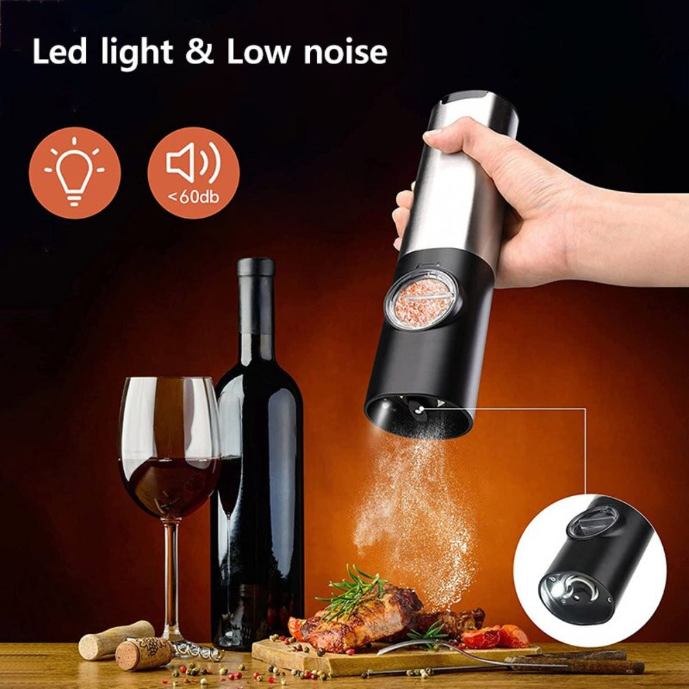 Electric Salt Grinder 2 Bottles Set featuring sleek design and adjustable coarseness for effortless seasoning.