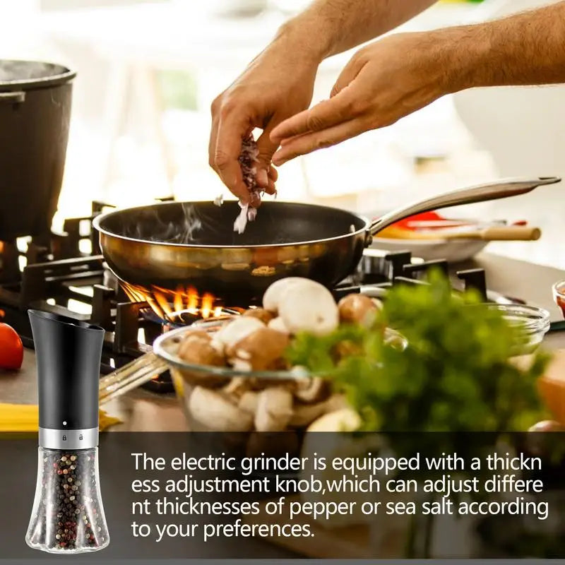 Electric Salt Pepper Grinder with adjustable coarseness, featuring a stainless steel body and ceramic grinding core.