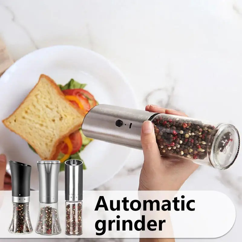 Electric Salt Pepper Grinder with adjustable coarseness, featuring a stainless steel body and ceramic grinding core.