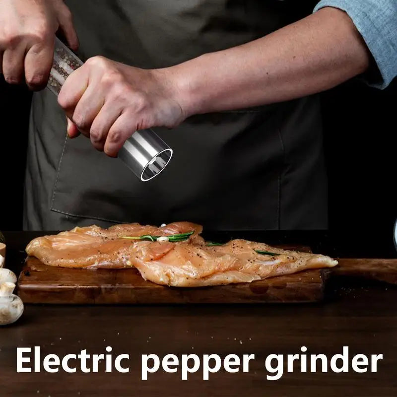 Electric Salt Pepper Grinder with adjustable coarseness, featuring a stainless steel body and ceramic grinding core.
