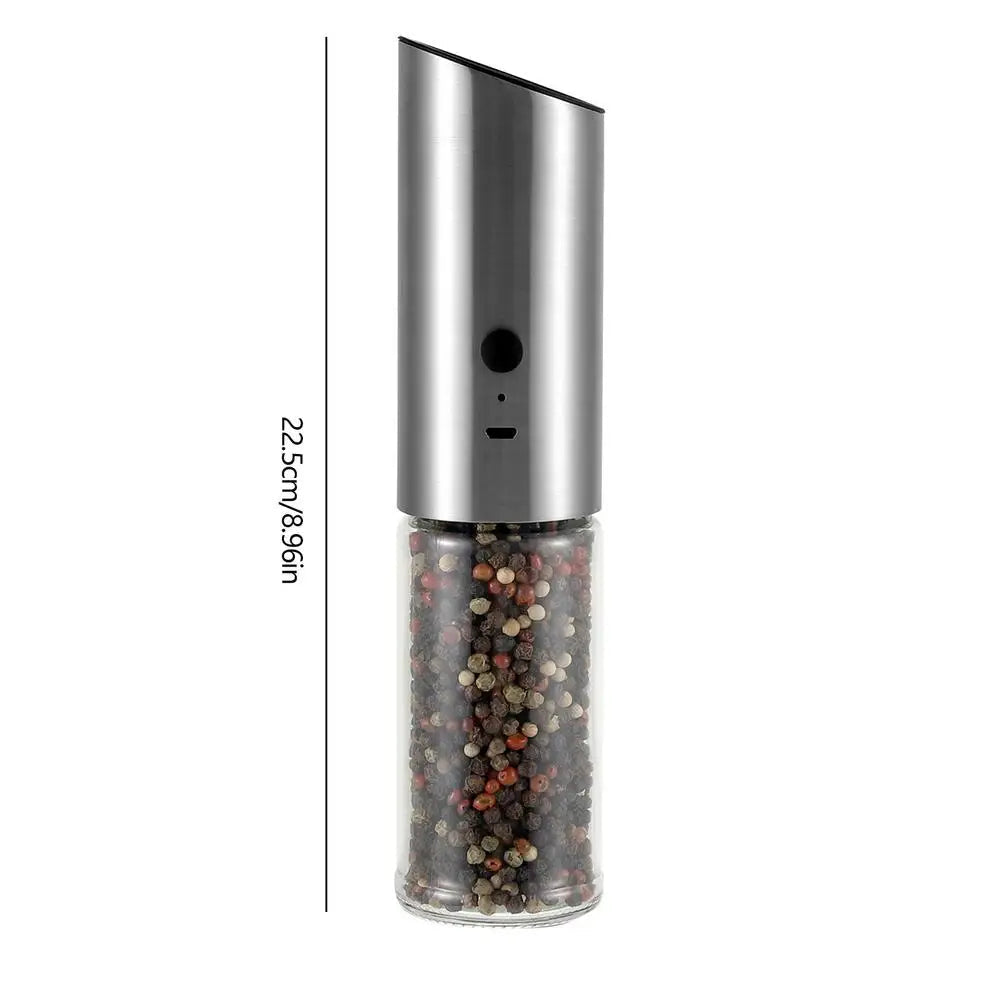 Electric Salt Pepper Grinder with adjustable coarseness, featuring a stainless steel body and ceramic grinding core.