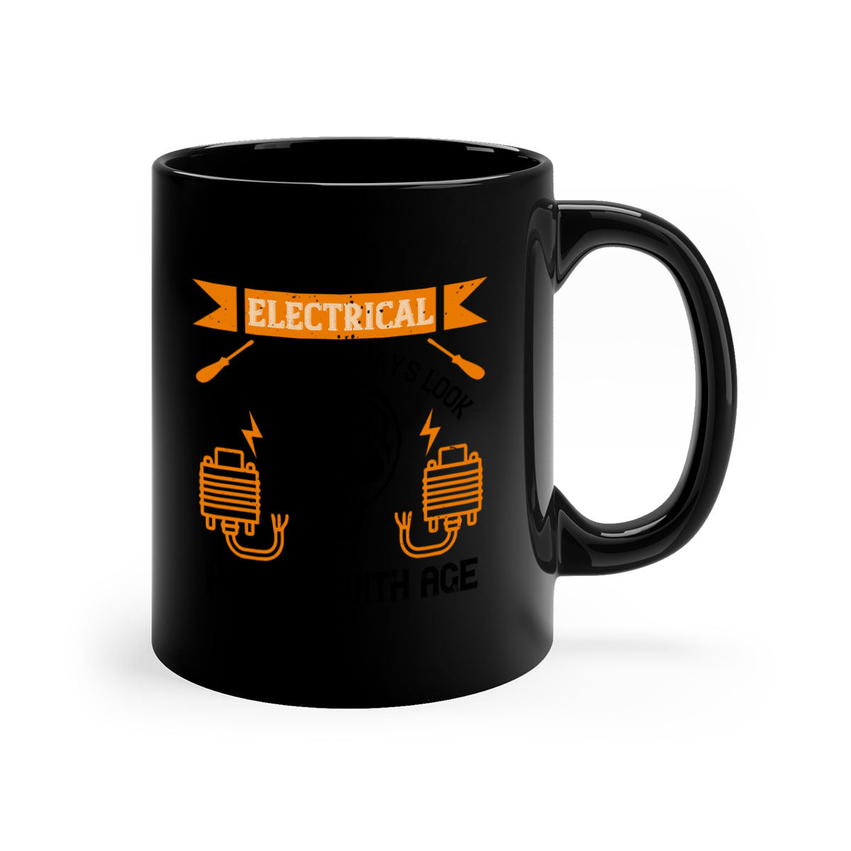 Two-tone ceramic mug with colored handle and interior, featuring the phrase 'Electrical engineers always look hotter with age' in a stylish font.