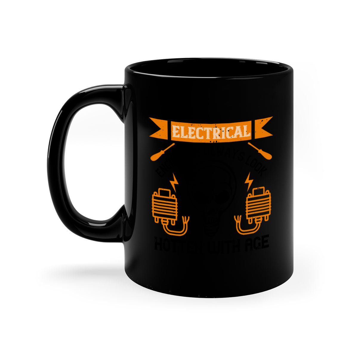 Two-tone ceramic mug with colored handle and interior, featuring the phrase 'Electrical engineers always look hotter with age' in a stylish font.