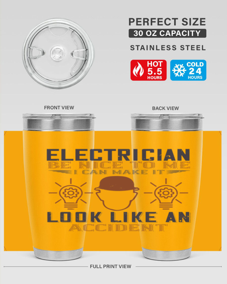 Electrician Nice to Me tumbler featuring a stylish design, double wall vacuum stainless steel construction, and a press-in drink-thru lid.