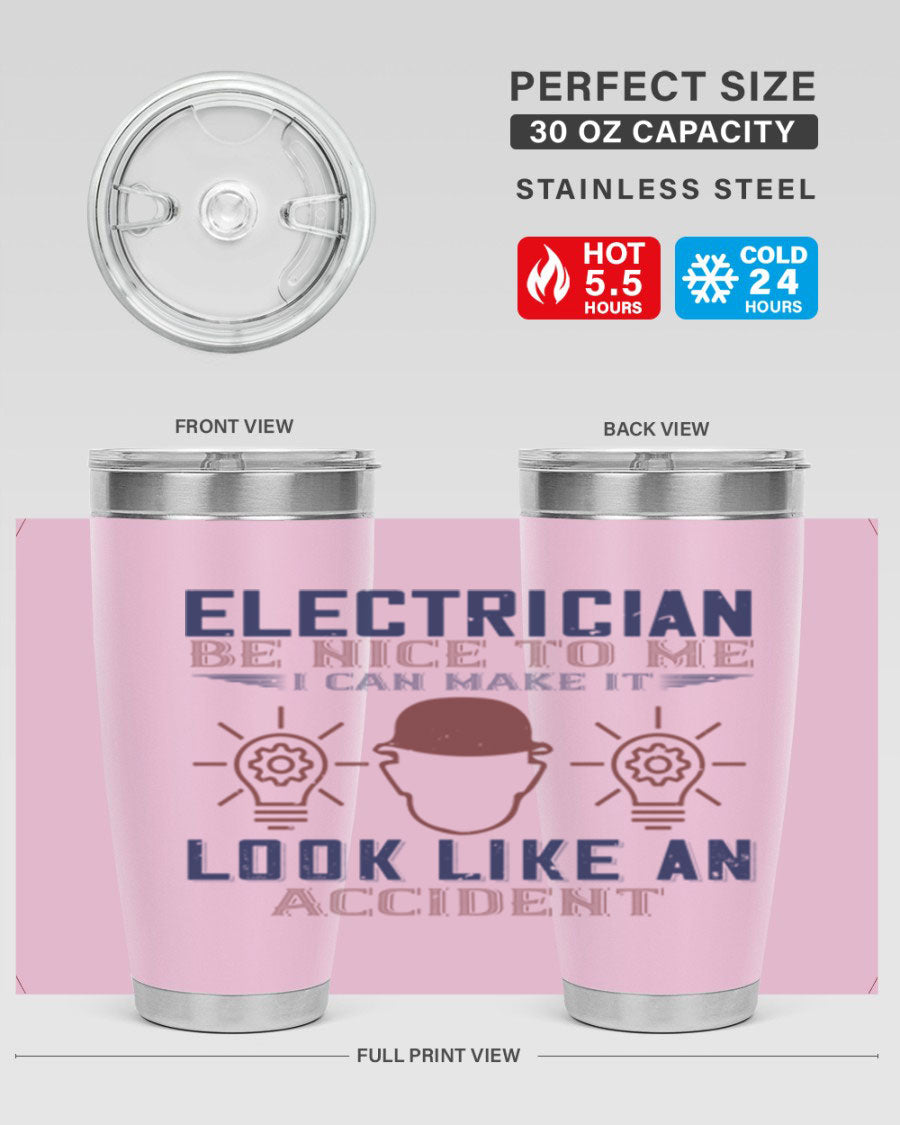 Electrician Nice to Me tumbler featuring a stylish design, double wall vacuum stainless steel construction, and a press-in drink-thru lid.
