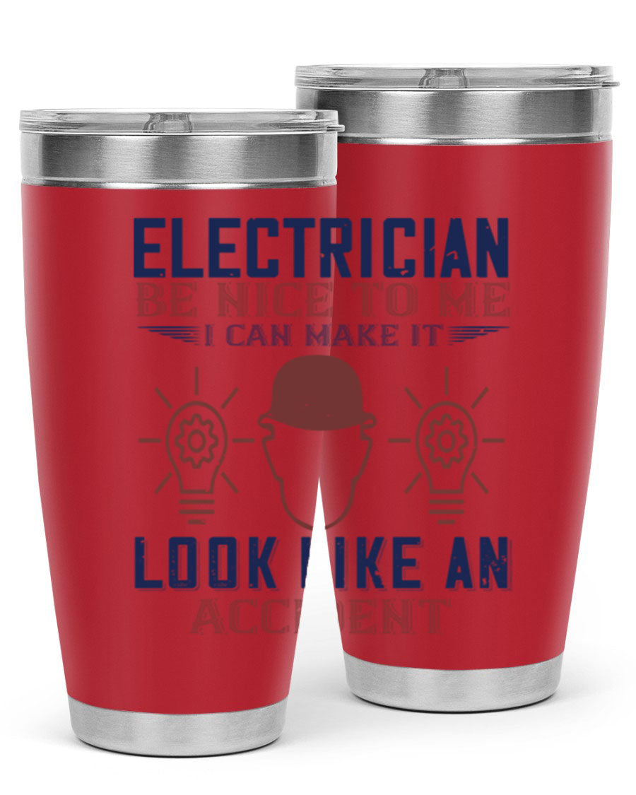 Electrician Nice to Me tumbler featuring a stylish design, double wall vacuum stainless steel construction, and a press-in drink-thru lid.