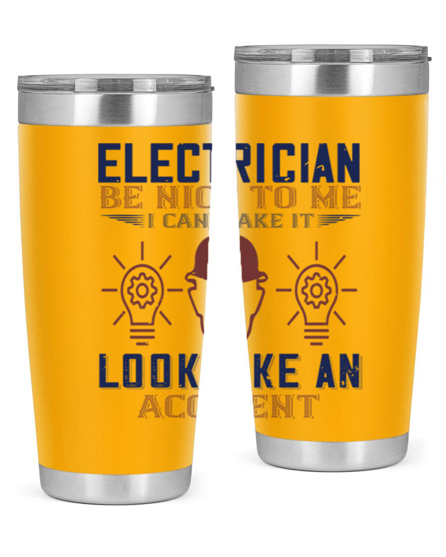 Electrician Nice to Me tumbler featuring a stylish design, double wall vacuum stainless steel construction, and a press-in drink-thru lid.