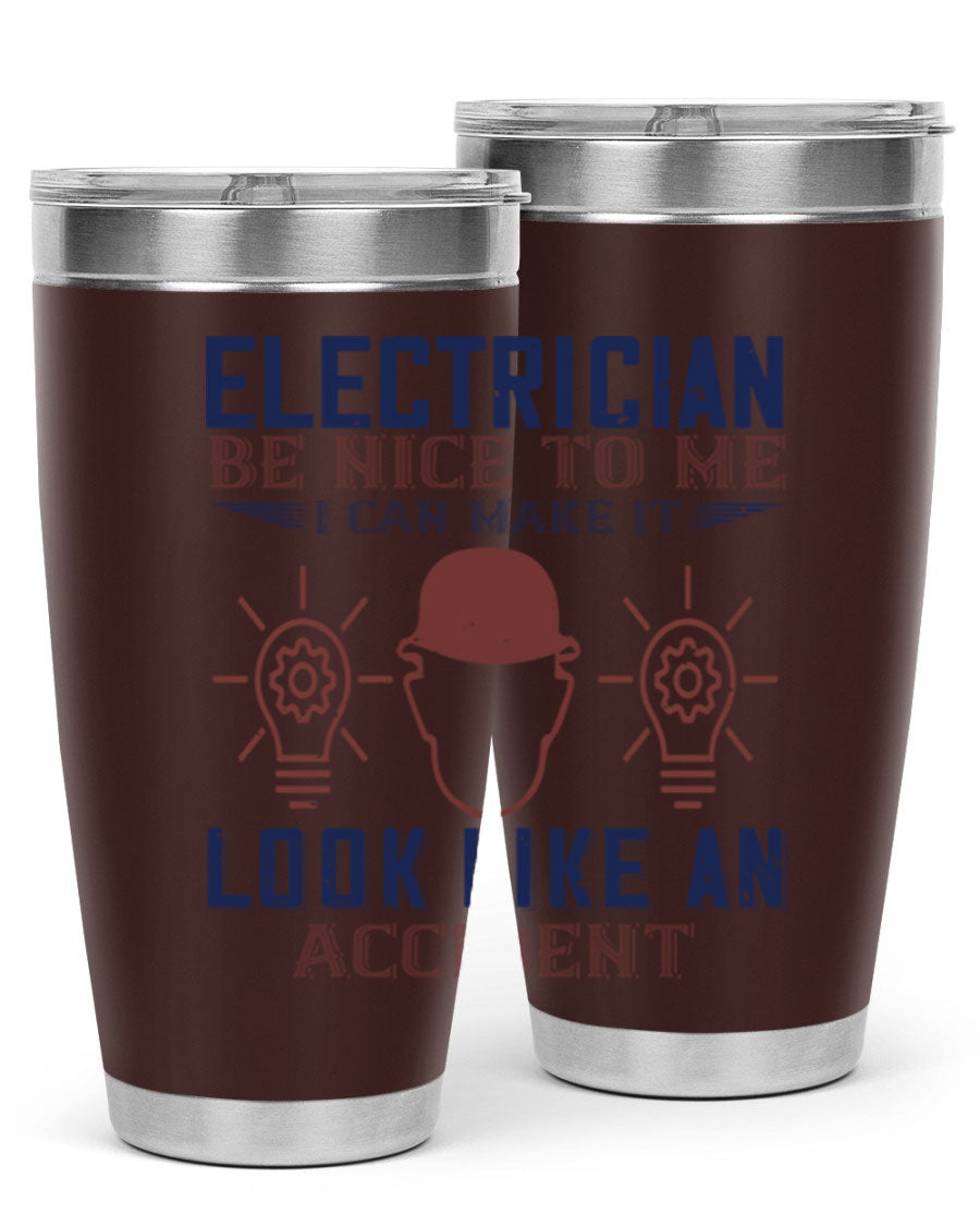 Electrician Nice to Me tumbler featuring a stylish design, double wall vacuum stainless steel construction, and a press-in drink-thru lid.