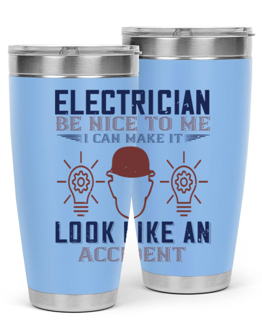 Electrician Nice to Me tumbler featuring a stylish design, double wall vacuum stainless steel construction, and a press-in drink-thru lid.