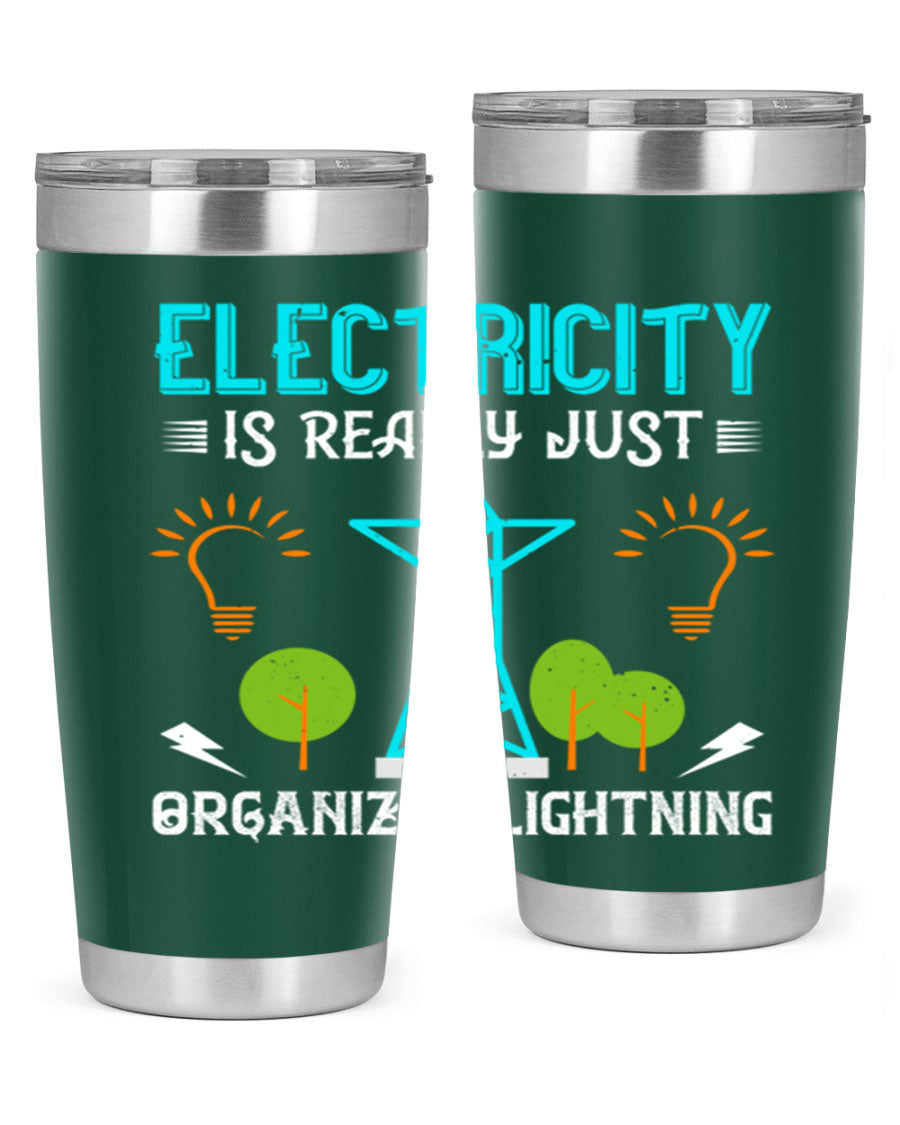 Electricity is really just organized lightning tumbler, double wall vacuum stainless steel with copper lining, featuring a drink-thru lid.