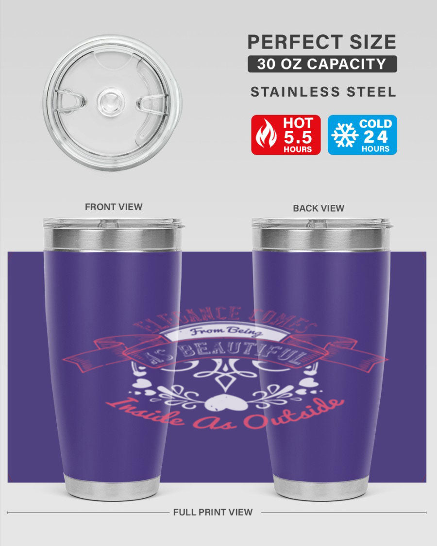 Elegance Style 213# stainless steel tumbler in 20oz and 30oz sizes, showcasing double wall vacuum insulation and a sleek design.