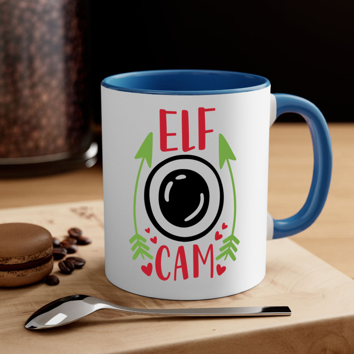 elf cam 279# Christmas Mug with two-tone design, featuring a colored handle and interior, glossy finish, available in multiple colors.