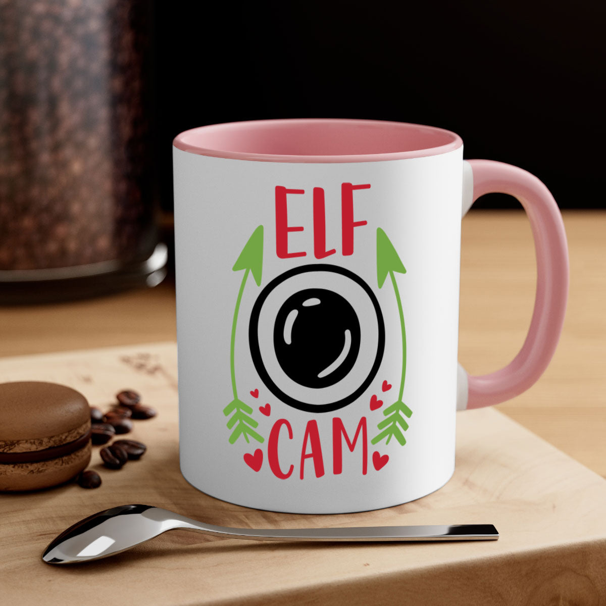 elf cam 279# Christmas Mug with two-tone design, featuring a colored handle and interior, glossy finish, available in multiple colors.
