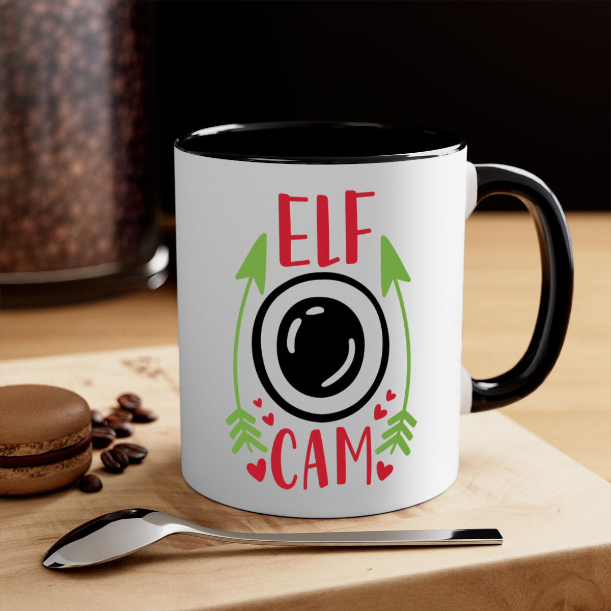elf cam 279# Christmas Mug with two-tone design, featuring a colored handle and interior, glossy finish, available in multiple colors.