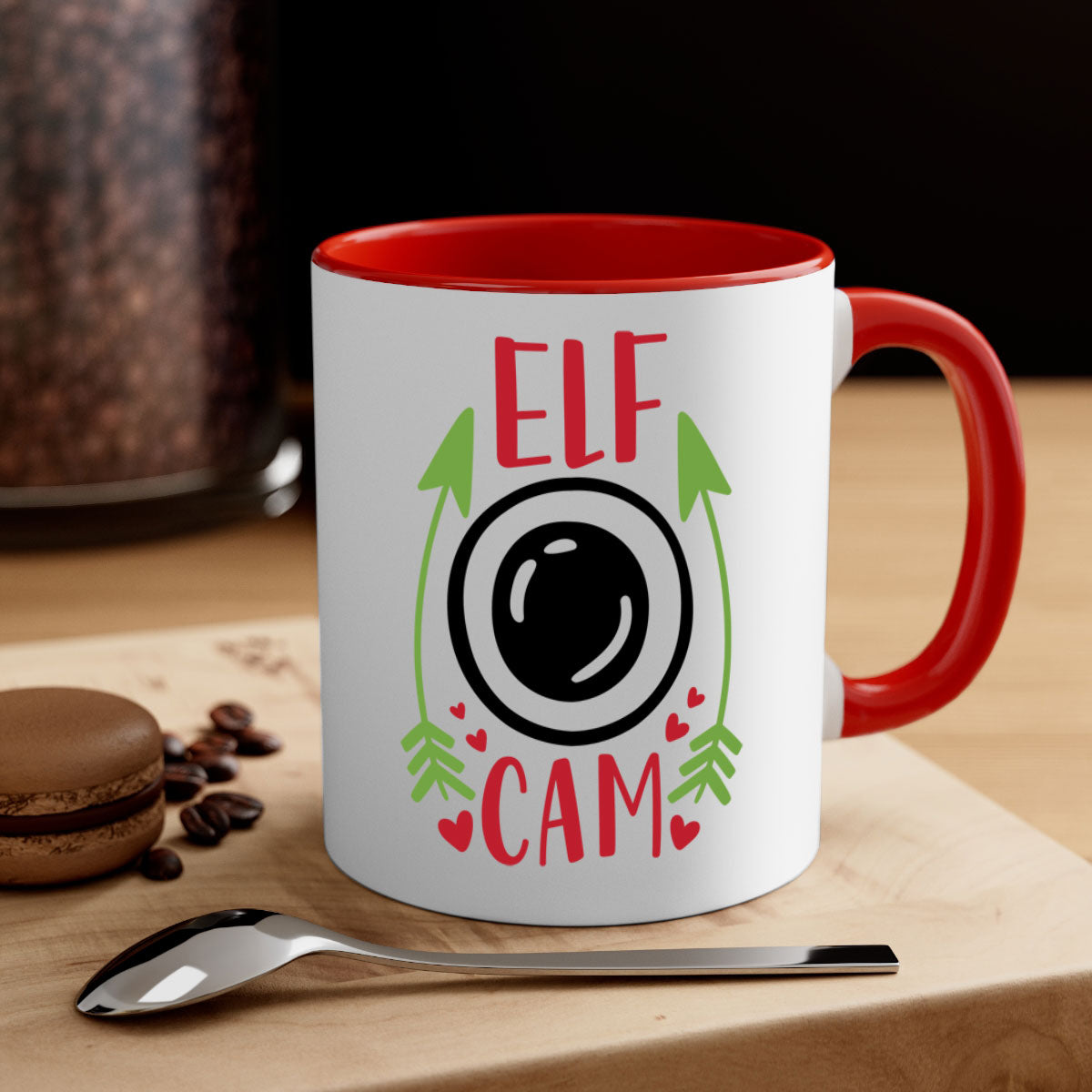 elf cam 279# Christmas Mug with two-tone design, featuring a colored handle and interior, glossy finish, available in multiple colors.