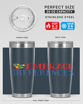 Embrace Differences Style 13# Autism Tumbler in stainless steel with a vibrant design promoting inclusivity.