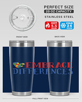 Embrace Differences Style 13# Autism Tumbler in stainless steel with a vibrant design promoting inclusivity.