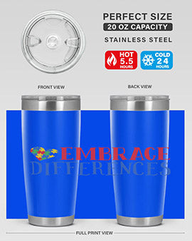 Embrace Differences Style 13# Autism Tumbler in stainless steel with a vibrant design promoting inclusivity.