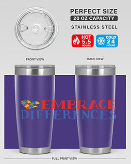 Embrace Differences Style 13# Autism Tumbler in stainless steel with a vibrant design promoting inclusivity.
