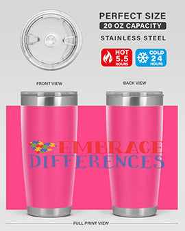 Embrace Differences Style 13# Autism Tumbler in stainless steel with a vibrant design promoting inclusivity.