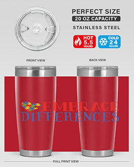 Embrace Differences Style 13# Autism Tumbler in stainless steel with a vibrant design promoting inclusivity.