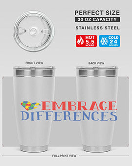 Embrace Differences Style 13# Autism Tumbler in stainless steel with a vibrant design promoting inclusivity.