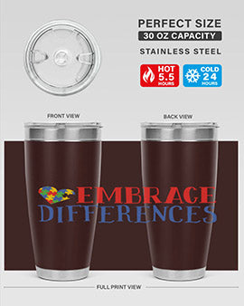 Embrace Differences Style 13# Autism Tumbler in stainless steel with a vibrant design promoting inclusivity.