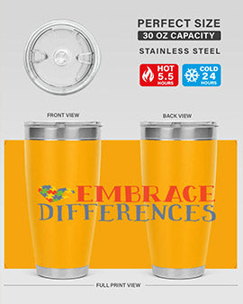 Embrace Differences Style 13# Autism Tumbler in stainless steel with a vibrant design promoting inclusivity.
