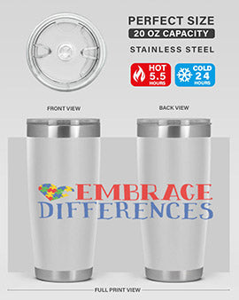 Embrace Differences Style 13# Autism Tumbler in stainless steel with a vibrant design promoting inclusivity.