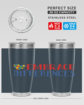 Embrace Differences Style 13# Autism Tumbler in stainless steel with a vibrant design promoting inclusivity.