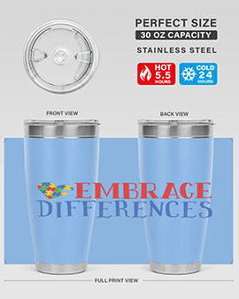 Embrace Differences Style 13# Autism Tumbler in stainless steel with a vibrant design promoting inclusivity.