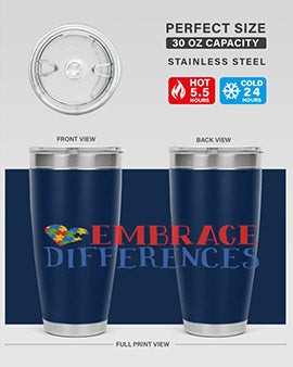 Embrace Differences Style 13# Autism Tumbler in stainless steel with a vibrant design promoting inclusivity.