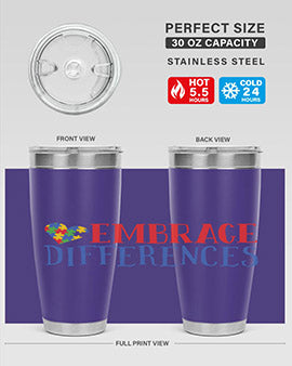 Embrace Differences Style 13# Autism Tumbler in stainless steel with a vibrant design promoting inclusivity.