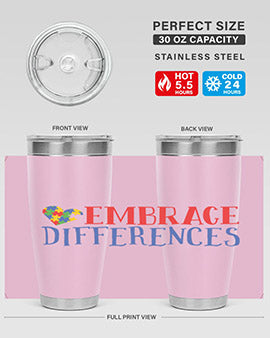 Embrace Differences Style 13# Autism Tumbler in stainless steel with a vibrant design promoting inclusivity.