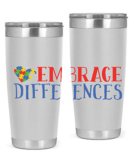 Embrace Differences Style 13# Autism Tumbler in stainless steel with a vibrant design promoting inclusivity.