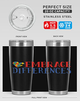 Embrace Differences Style 13# Autism Tumbler in stainless steel with a vibrant design promoting inclusivity.