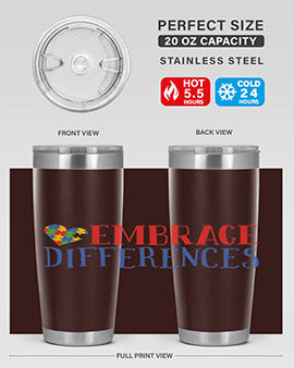 Embrace Differences Style 13# Autism Tumbler in stainless steel with a vibrant design promoting inclusivity.