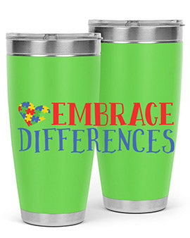 Embrace Differences Style 13# Autism Tumbler in stainless steel with a vibrant design promoting inclusivity.