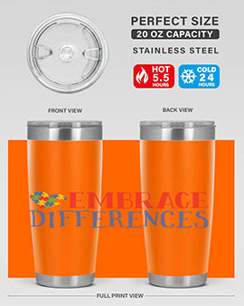 Embrace Differences Style 13# Autism Tumbler in stainless steel with a vibrant design promoting inclusivity.