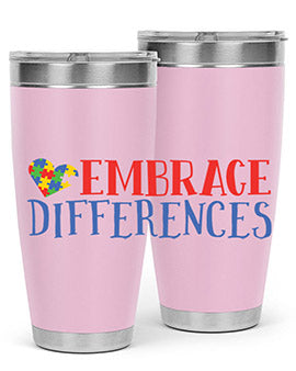 Embrace Differences Style 13# Autism Tumbler in stainless steel with a vibrant design promoting inclusivity.