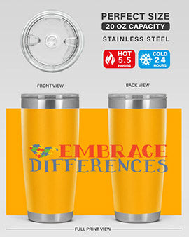 Embrace Differences Style 13# Autism Tumbler in stainless steel with a vibrant design promoting inclusivity.
