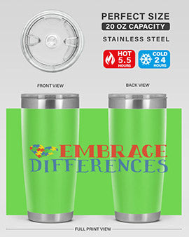 Embrace Differences Style 13# Autism Tumbler in stainless steel with a vibrant design promoting inclusivity.