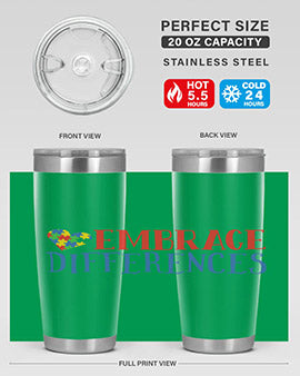 Embrace Differences Style 13# Autism Tumbler in stainless steel with a vibrant design promoting inclusivity.