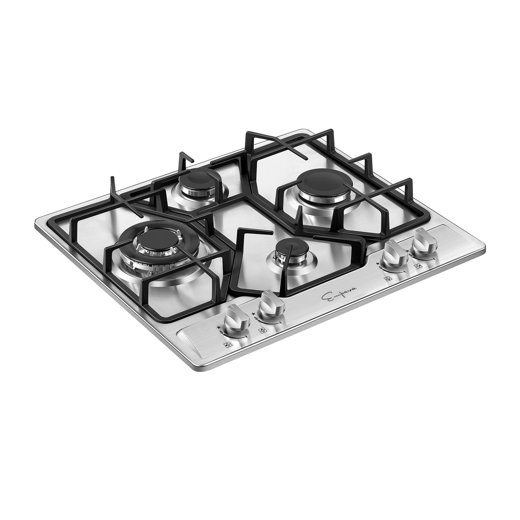 Empava 24 in. Built-in Gas Cooktop with four burners and cast iron grates, showcasing its sleek design and functionality.