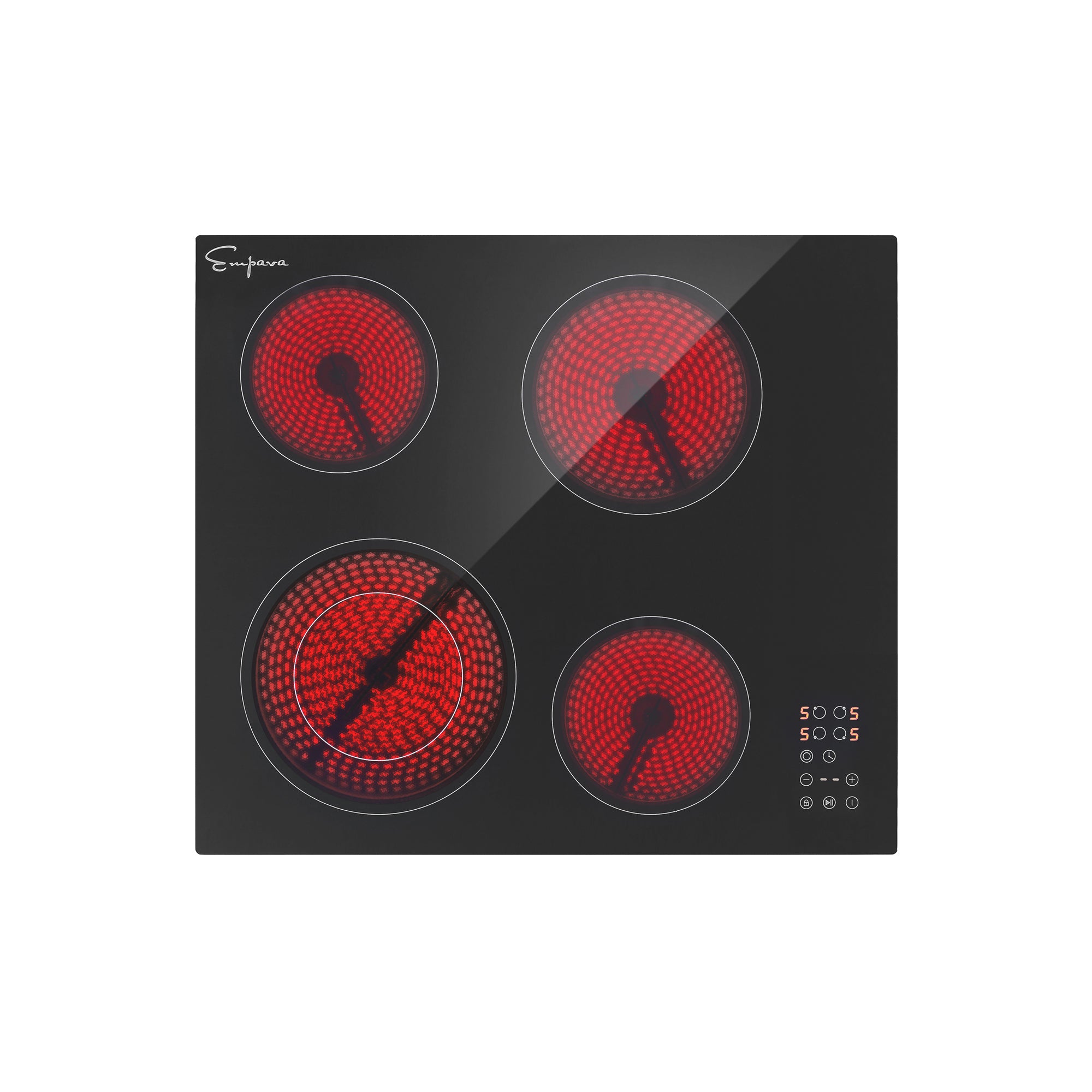 Empava 24 Inch Black Electric Radiant Cooktop with four burners and sleek black glass surface, ideal for modern kitchens.