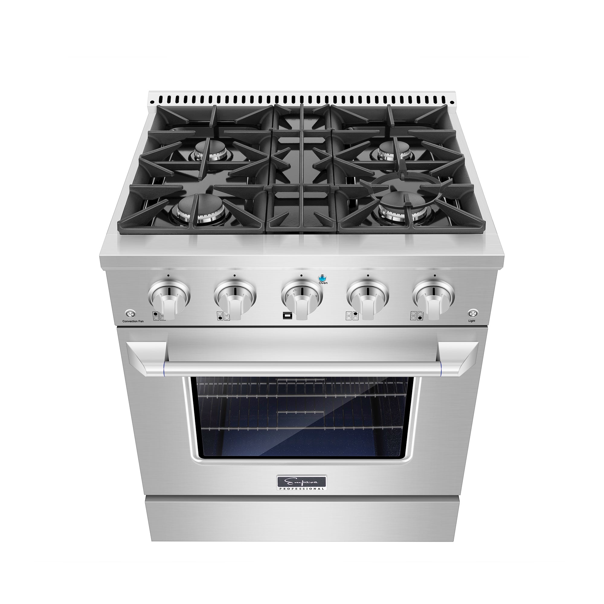 Empava 30GR07 30 in. Pro-Style Slide-In Single Oven Gas Range with stainless steel finish and blue interior.