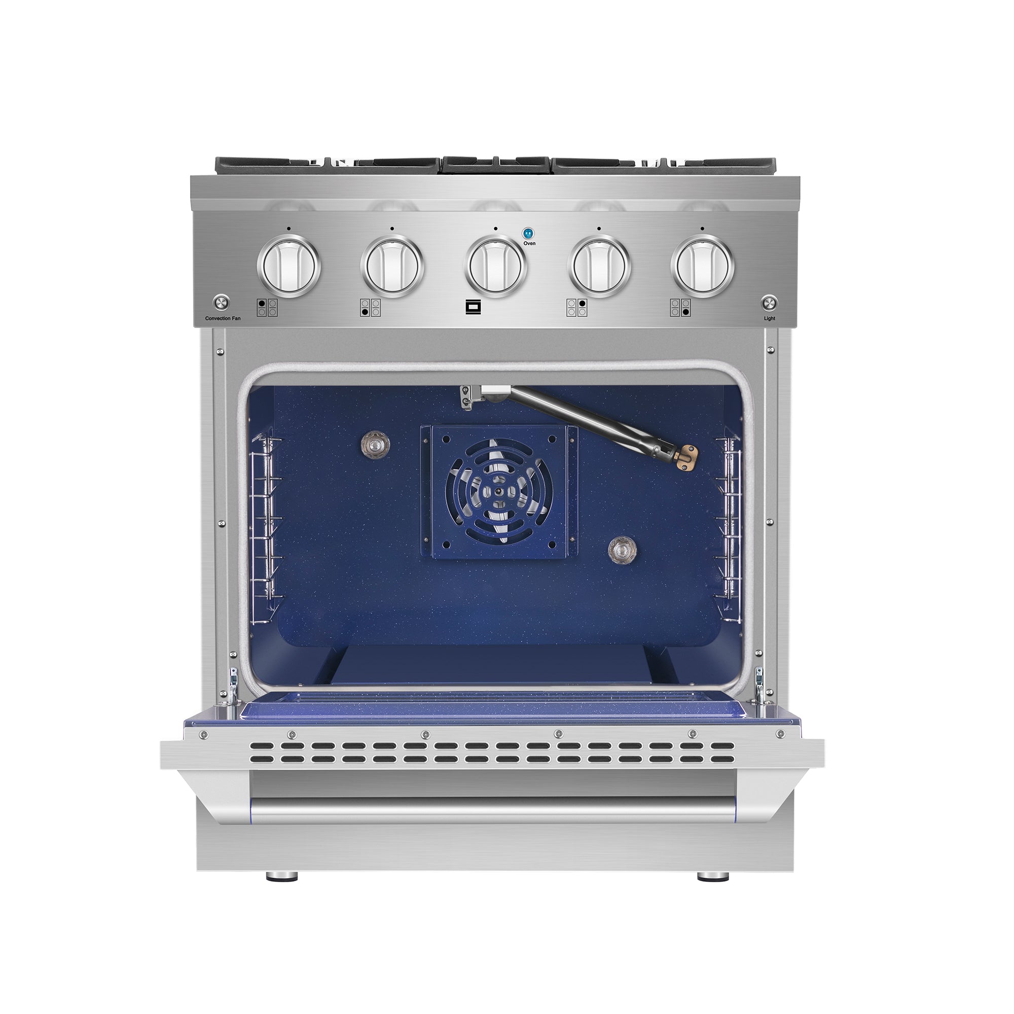 Empava 30GR07 30 in. Pro-Style Slide-In Single Oven Gas Range with stainless steel finish and blue interior.