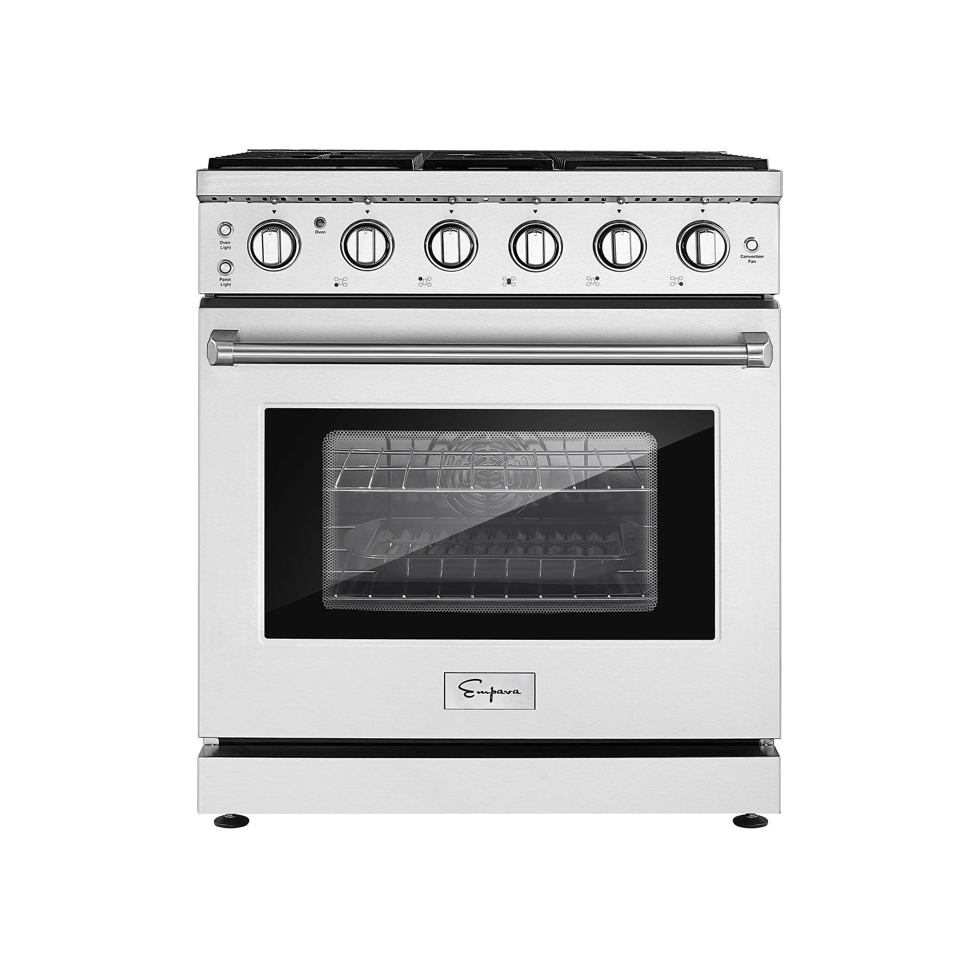 Empava 30GR10 Pro-Style Slide-in Single Oven Gas Range with five burners and stainless steel finish.
