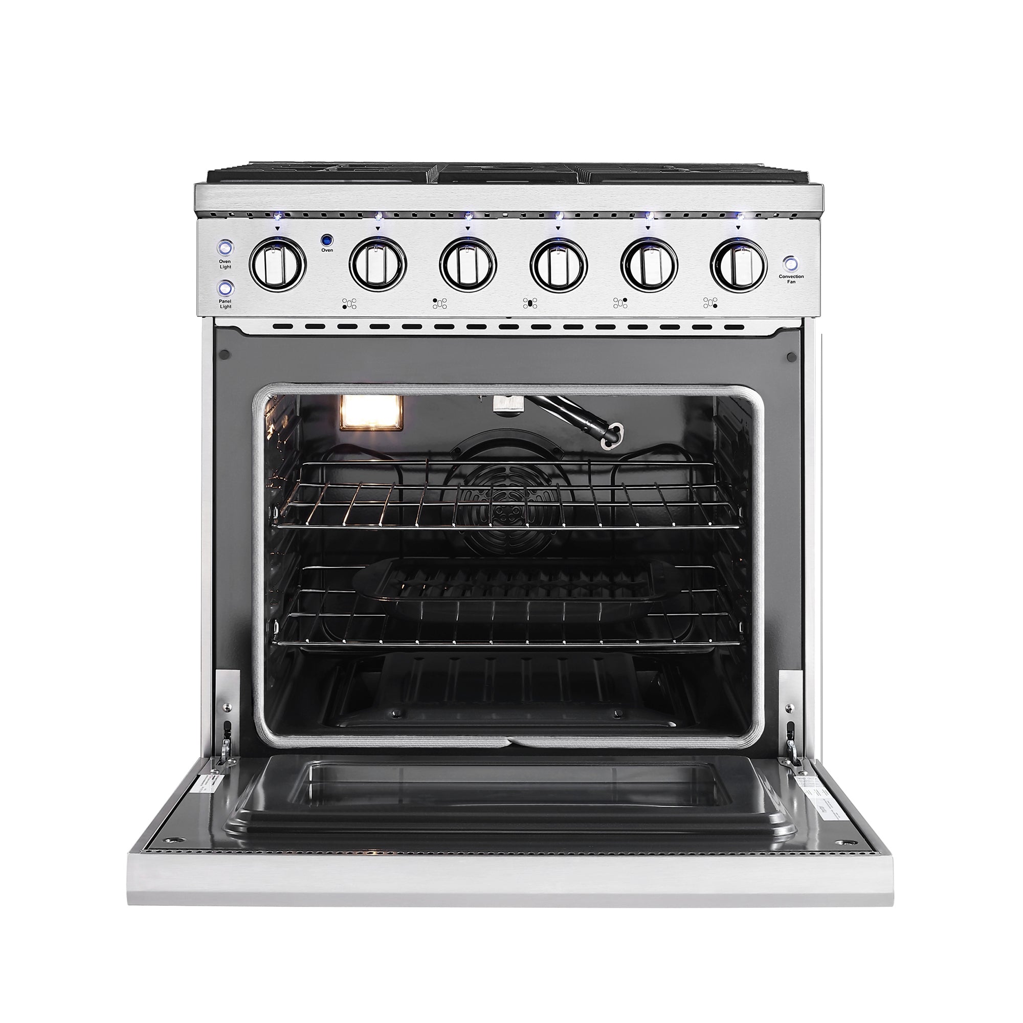 Empava 30GR10 Pro-Style Slide-in Single Oven Gas Range with five burners and stainless steel finish.